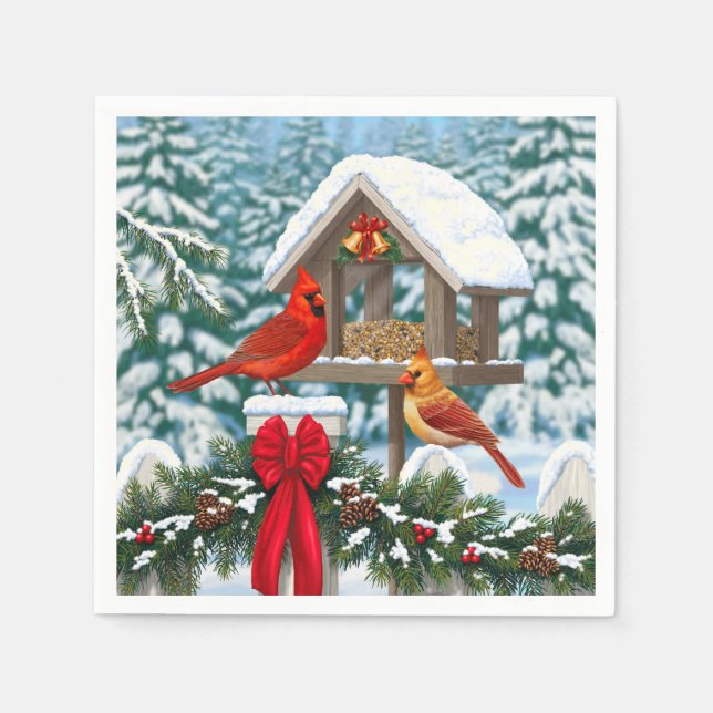 Kardinal und Weihnachtsvogelzuführung Serviette (Vorderseite)
