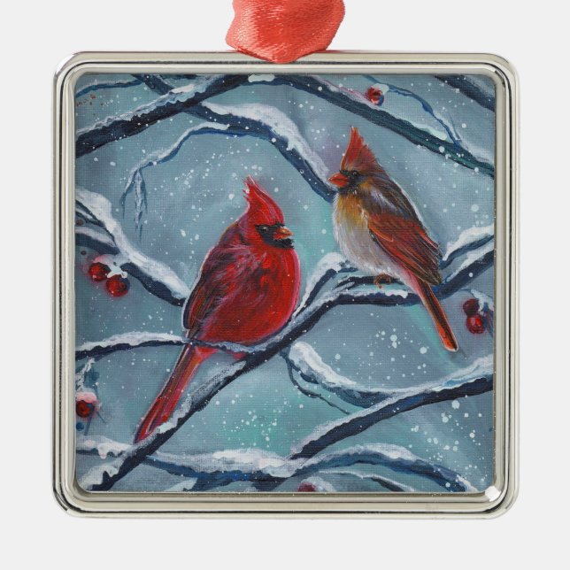Kardinal Vögel Winter von Renee Lavoie Ornament Aus Metall (Vorne)