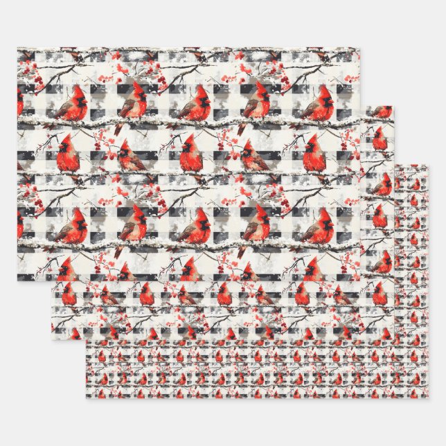 Kardinal Vögel Winter Weihnachten Tartan Kariert 1 Geschenkpapier Set (Set)