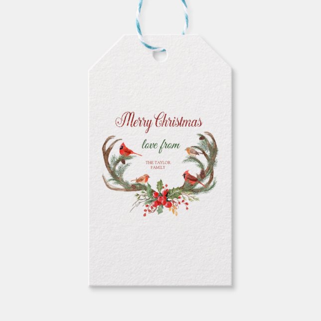 Kardinal Wasserfarbe Antler Rentier Weihnachten Geschenkanhänger (Vorderseite)