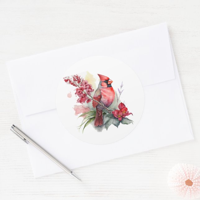 Kardinal Watercolor Weihnachten Runder Aufkleber (Umschlag)