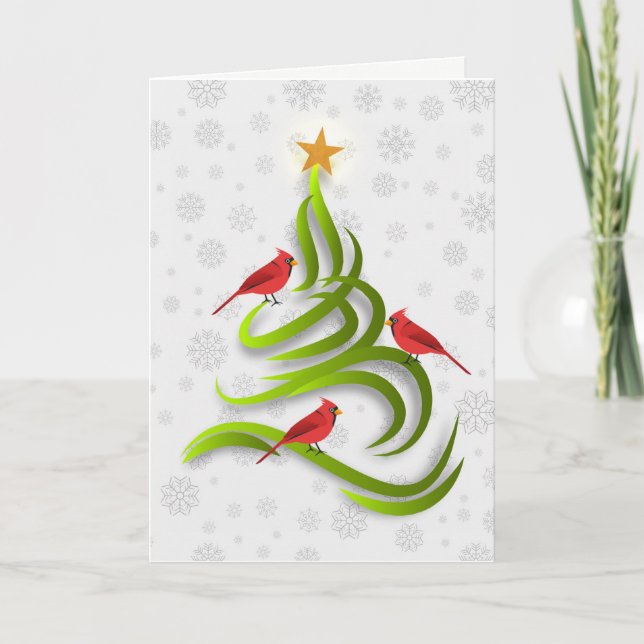 Kardinal Weihnachtsbaum Weihnachtsschneeflocke Feiertagskarte (Vorderseite)