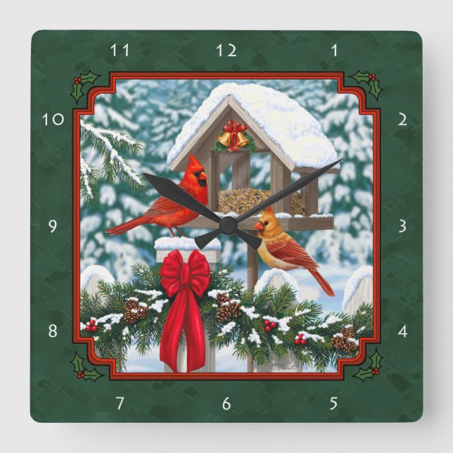 Kardinal Weihnachtsfest Grün Quadratische Wanduhr (Vorderseite)