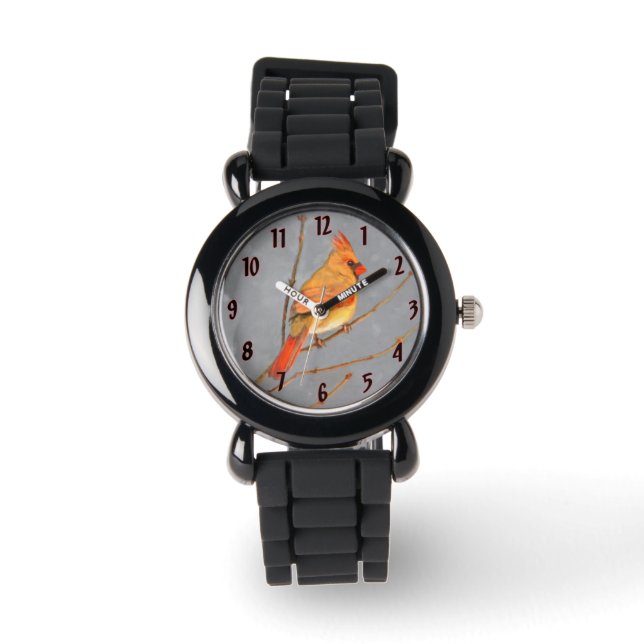 Kardinal zur Zweigmalerei - Originale Vogelkunst Armbanduhr (Vorderseite)