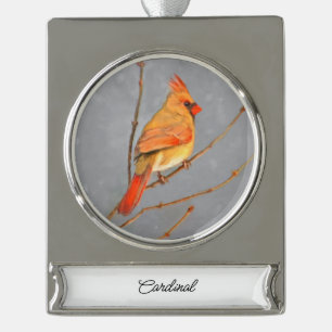 Kardinal zur Zweigmalerei - Originale Vogelkunst Banner-Ornament Silber