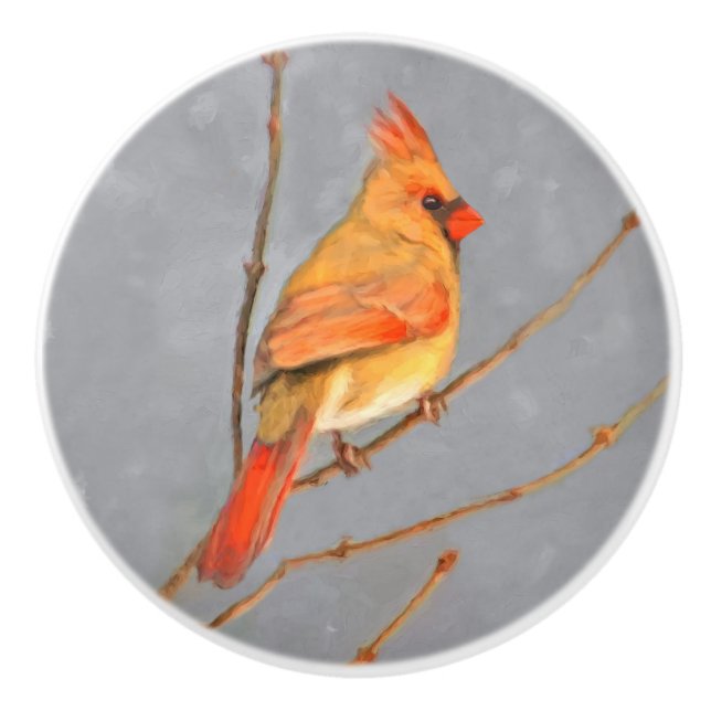 Kardinal zur Zweigmalerei - Originale Vogelkunst Keramikknauf (Vorderseite)
