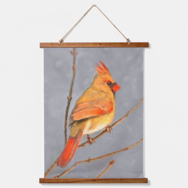 Kardinal zur Zweigmalerei - Originale Vogelkunst Wandteppich Mit Holzrahmen (Vorderseite)