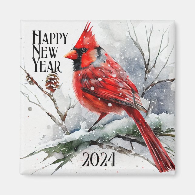 Kardinäle auf Baumzweig im Winter - Neujahr Magnet (Vorne)