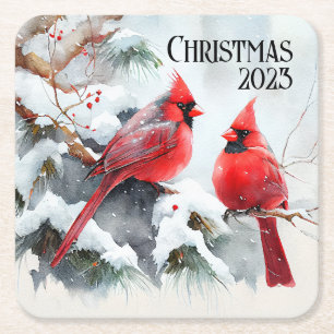 Kardinäle auf dem Zweig Tree in der Weihnachtswint Rechteckiger Pappuntersetzer