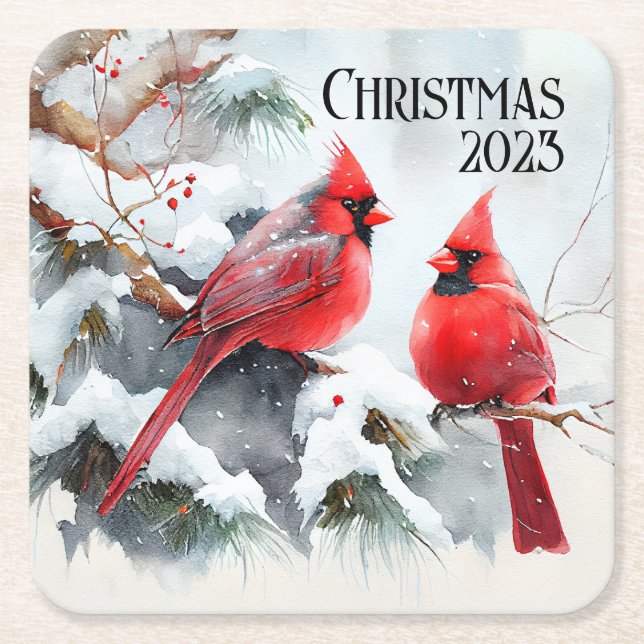Kardinäle auf dem Zweig Tree in der Weihnachtswint Rechteckiger Pappuntersetzer (Vorderseite)
