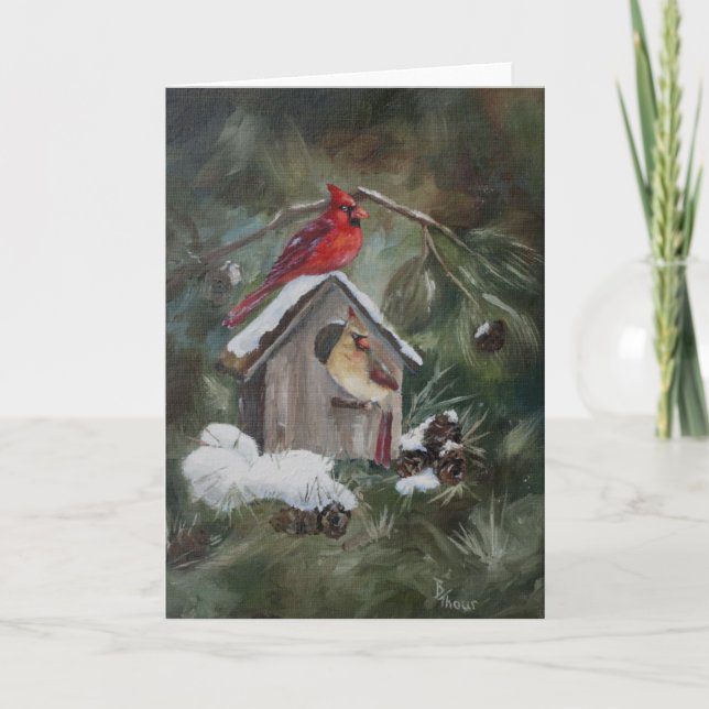 Kardinäle auf Snowy Birdhouse Feiertagskarte (Vorderseite)
