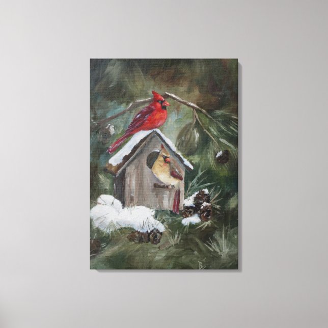 Kardinäle auf Snowy Birdhouse Leinwanddruck (Vorderseite)
