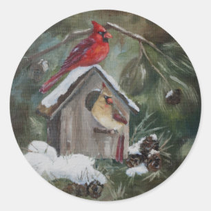 Kardinäle auf SnowyBirdhouse Runder Aufkleber