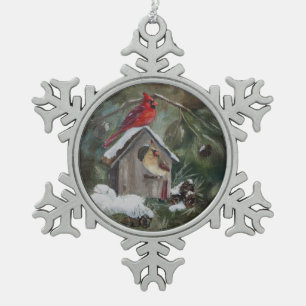 Kardinäle auf SnowyBirdhouse Schneeflocken Zinn-Ornament