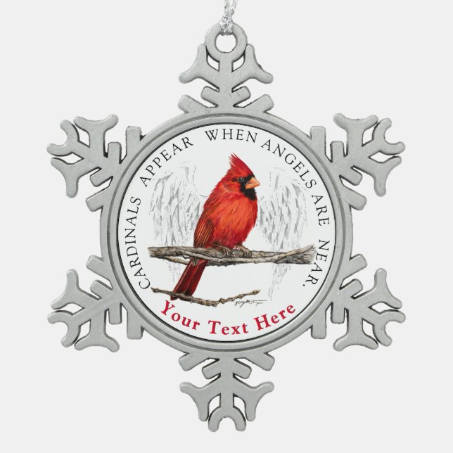 Kardinäle erscheinen, wenn Engel nahe Gewohnheit Schneeflocken Zinn-Ornament (Vorderseite)