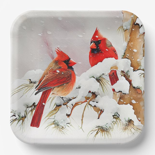 Kardinäle im Winterschnee und in der Natur des Eve Pappteller (Vorderseite)