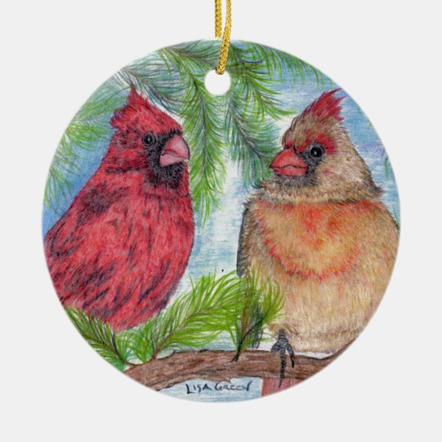 Kardinäle in einem Baum Keramik Ornament (Vorne)