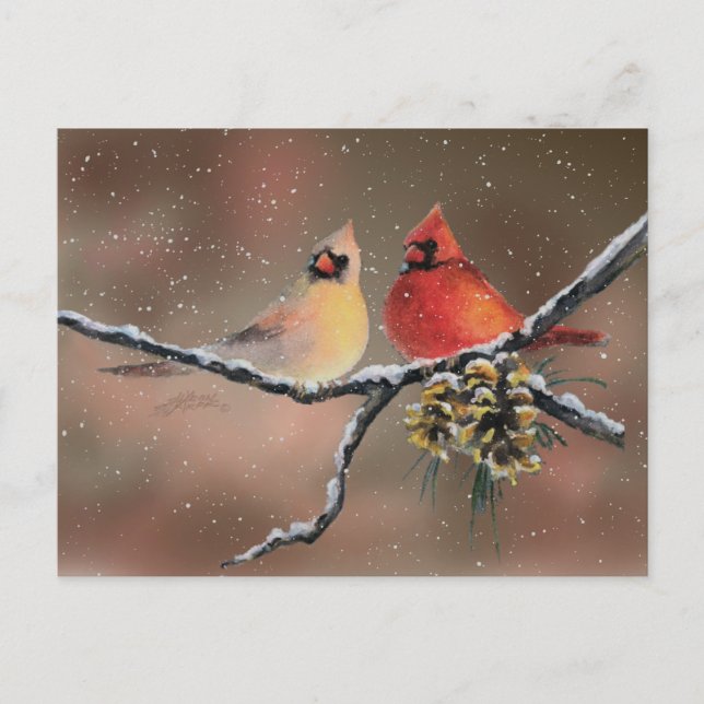 Kardinäle & SCHNEE von SHARON SHARPE Postkarte (Vorderseite)
