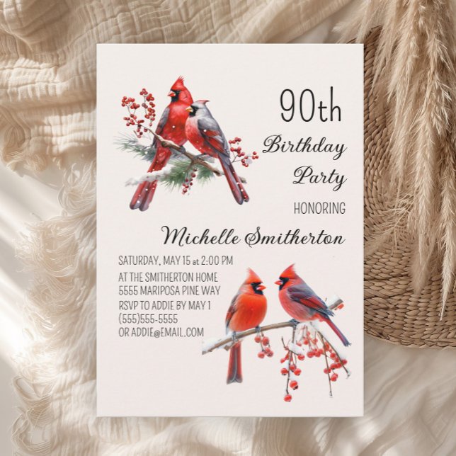 Kardinäle Schnee Wintervögel 90. Geburtstag Einladung (Red cardinals women's 90th birthday party invitation)
