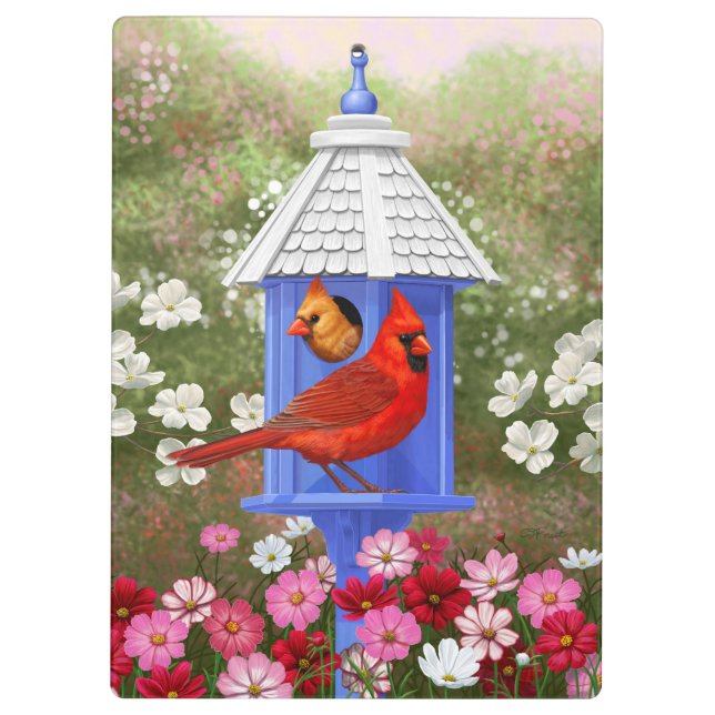 Kardinäle und Blue Birdhouse Klemmbrett (Rückseite)