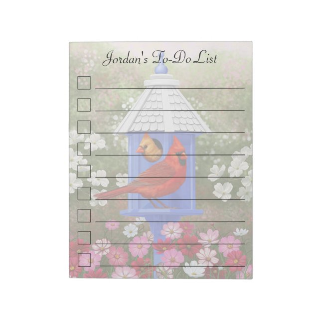 Kardinäle und Blue Birdhouse Notizblock (Rotiert)