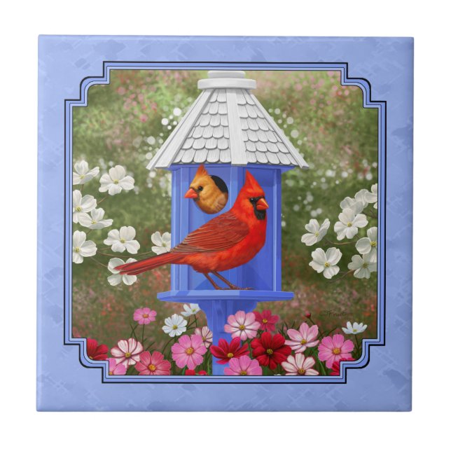 Kardinäle und Round Birdhouse Blue Fliese (Vorderseite)