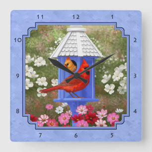 Kardinäle und Round Birdhouse Blue Quadratische Wanduhr