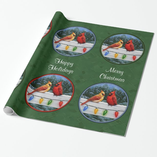 Kardinäle und Weihnachtsbeleuchtung grün Geschenkpapier (Ungerollt)