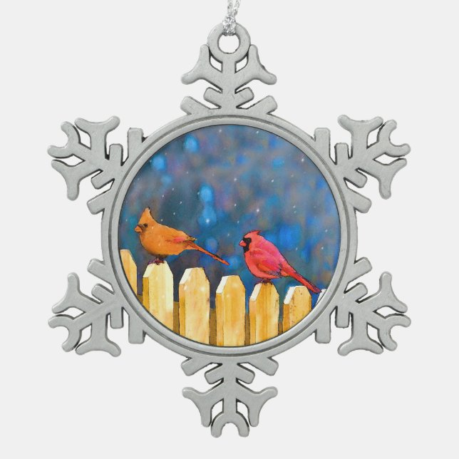 Kardinäle zur Zaunmalerei - Originelle Kunst Schneeflocken Zinn-Ornament (Vorderseite)