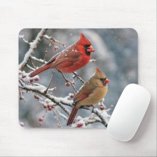 Kardinalpaar auf winterlichem Ast Mousepad