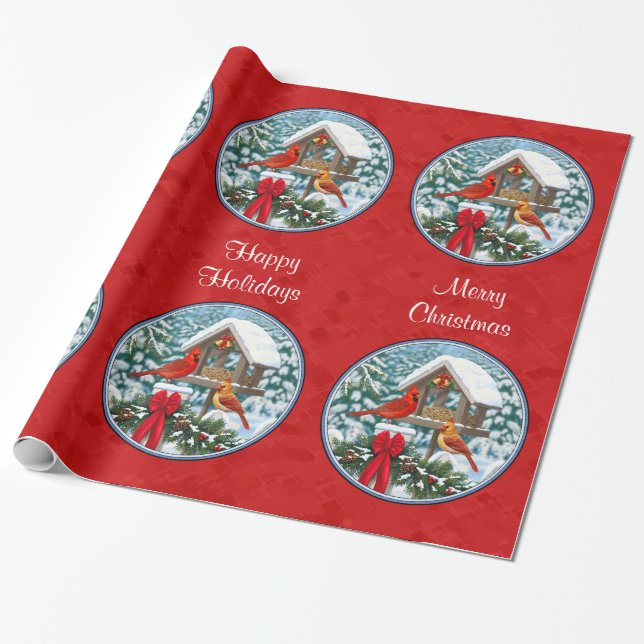 Kardinals Christmas Birdfeeder Red Geschenkpapier (Ungerollt)