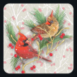 Kardinals Couple Christmas Quadratischer Aufkleber<br><div class="desc">Exquisit illustriertes Kardinal-Paar - mit Winterbeeren in einem leichten Schneefall und Grünpflanzen; Hintergrund in heller, cremiger Farbe mit weichen Baumzweigen. Fügen Sie zu Weihnachten eine schöne Touch oder als Geschenk für Paare oder Vogelliebhaber hinzu. Von L. Diane Johnson. Reds, Grüntöne, Braun, Goldton, Weiß und Touch von Schwarz, Siehe die Abstimmung...</div>