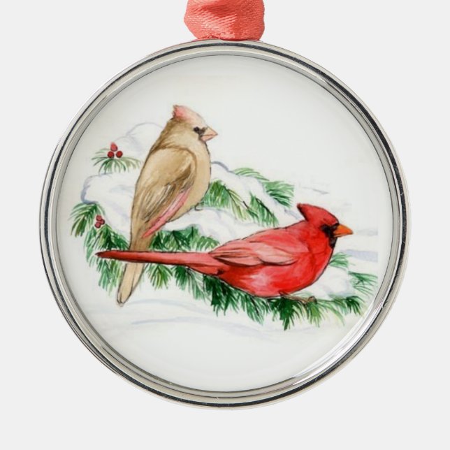 Kardinals-Paar-Vogel-Kunst-Verzierung Silbernes Ornament (Vorne)