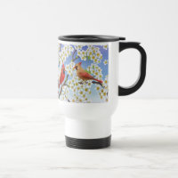 Kardinals-Paare in der blühender Baum-Reise-Tasse