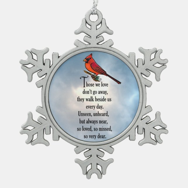 Kardinals-"so geliebtes" Gedicht Schneeflocken Zinn-Ornament (Vorderseite)