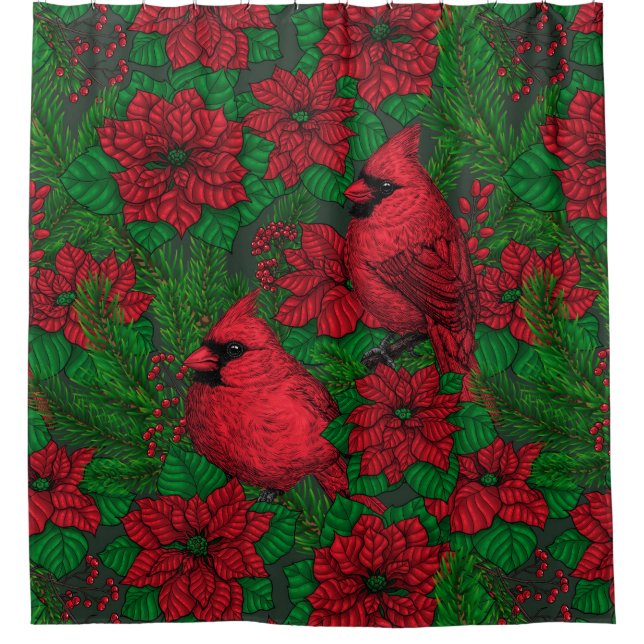 Kardinals und Poinsettia for Christmas Duschvorhang (Vorderseite)