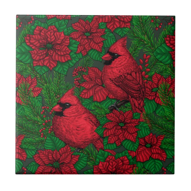 Kardinals und Poinsettia for Christmas Fliese (Vorderseite)
