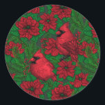 Kardinals und Poinsettia for Christmas Runder Aufkleber<br><div class="desc">Von Hand gezeichnet Weihnachtsmuster mit Kardinälen,  Poinsettia-Blume,  Winterbeeren und Tannenzweigen</div>