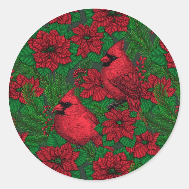 Kardinals und Poinsettia for Christmas Runder Aufkleber (Vorderseite)