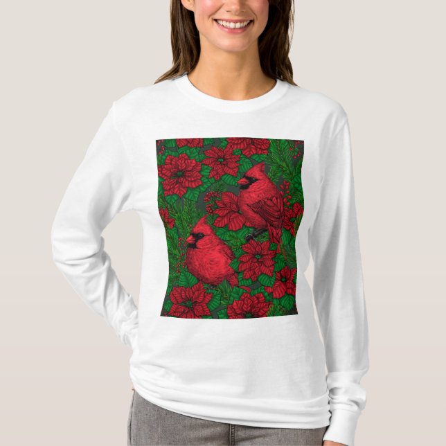 Kardinals und Poinsettia for Christmas T-Shirt (Vorderseite)