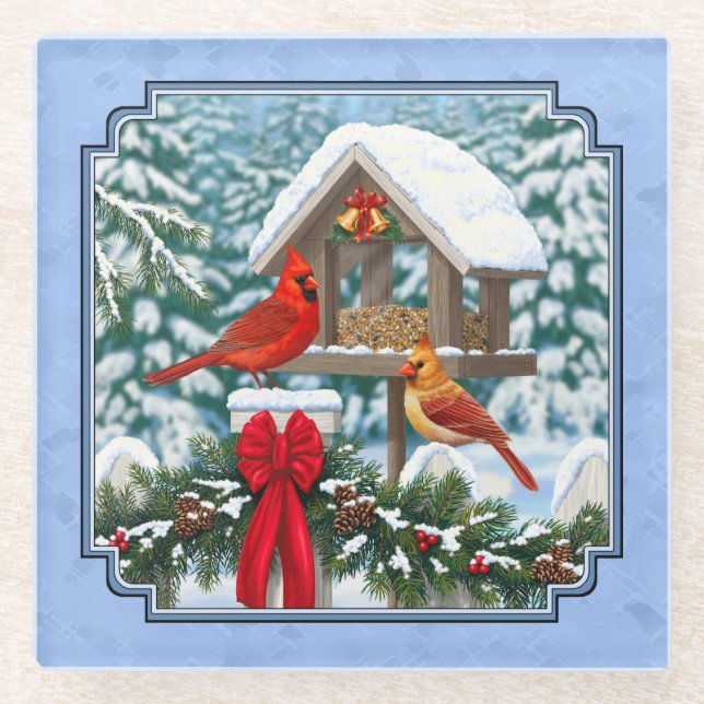 Kardinals Weihnachtsfest Blau Glasuntersetzer (Vorderseite)