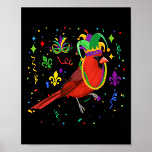 Kardinalvogel mit Mardi-Gras-Perlen trägt Narrenhu Poster