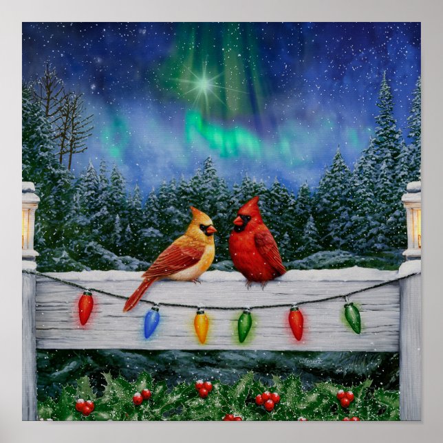 Kardinalvögel und Weihnachtslichter Poster (Vorne)
