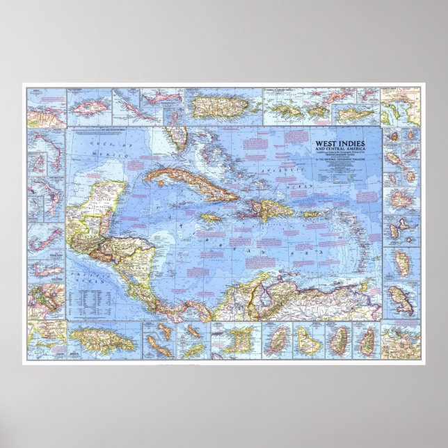 " Karibik: 1970 - Detaillierte West Indies Karte . Poster (Vorne)