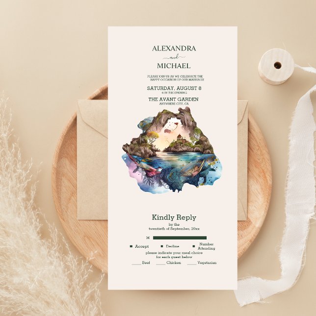 Karibik-Hochzeit in Urlaubsort in Aquarellen All In One Einladung (Von Creator hochgeladen)