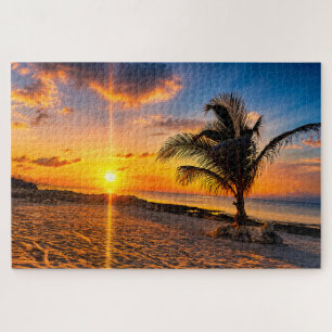 Karibik-Sonnenuntergang-Palmenbaum-Puzzle