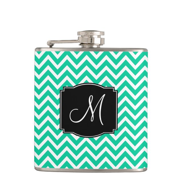 Karibikgrün Zickzack Muster mit Monogram Flachmann (Vorderseite)