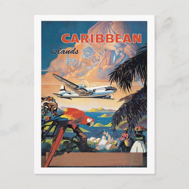 Karibikinseln per Flugzeug, Vintage Fluggesellscha Postkarte (Vorderseite)