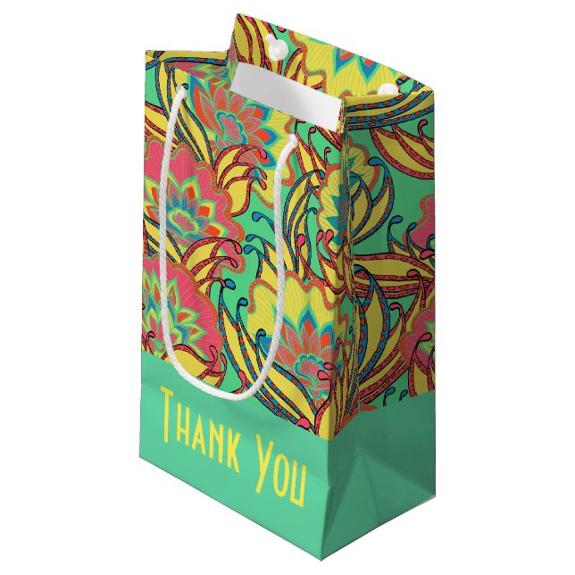 Karibische Farben Boho Blumenmuster Kleine Geschenktüte (Vorderseite Schrägansicht)