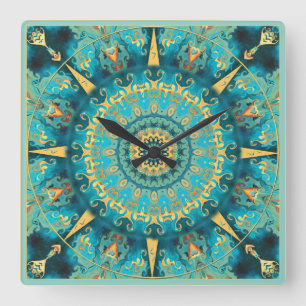 Karibische GoldMandala-Wanduhr Quadratische Wanduhr